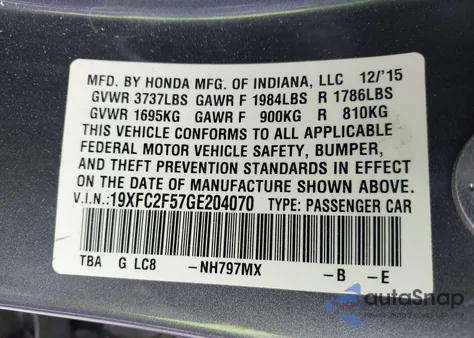2016 Honda Civic Lx z USA, uszkodzony, nr VIN 19XFC2F57GE204070
